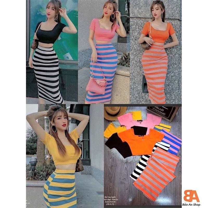 [ Mã FAMAYWA2 giảm 10K đơn 50K] Sét bộ nữ áo trơn + chân váy sọc ôm body