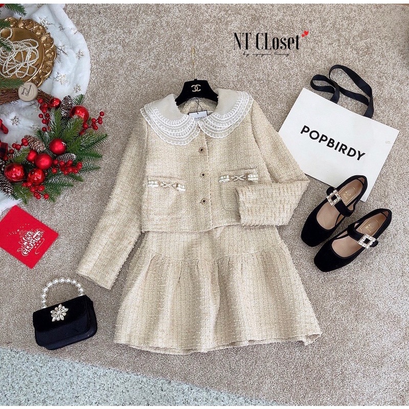 SALE Set áo khoác dạ tweed cổ sen ren mix chân váy xoè nt closet (về màu đậm nên e sale)