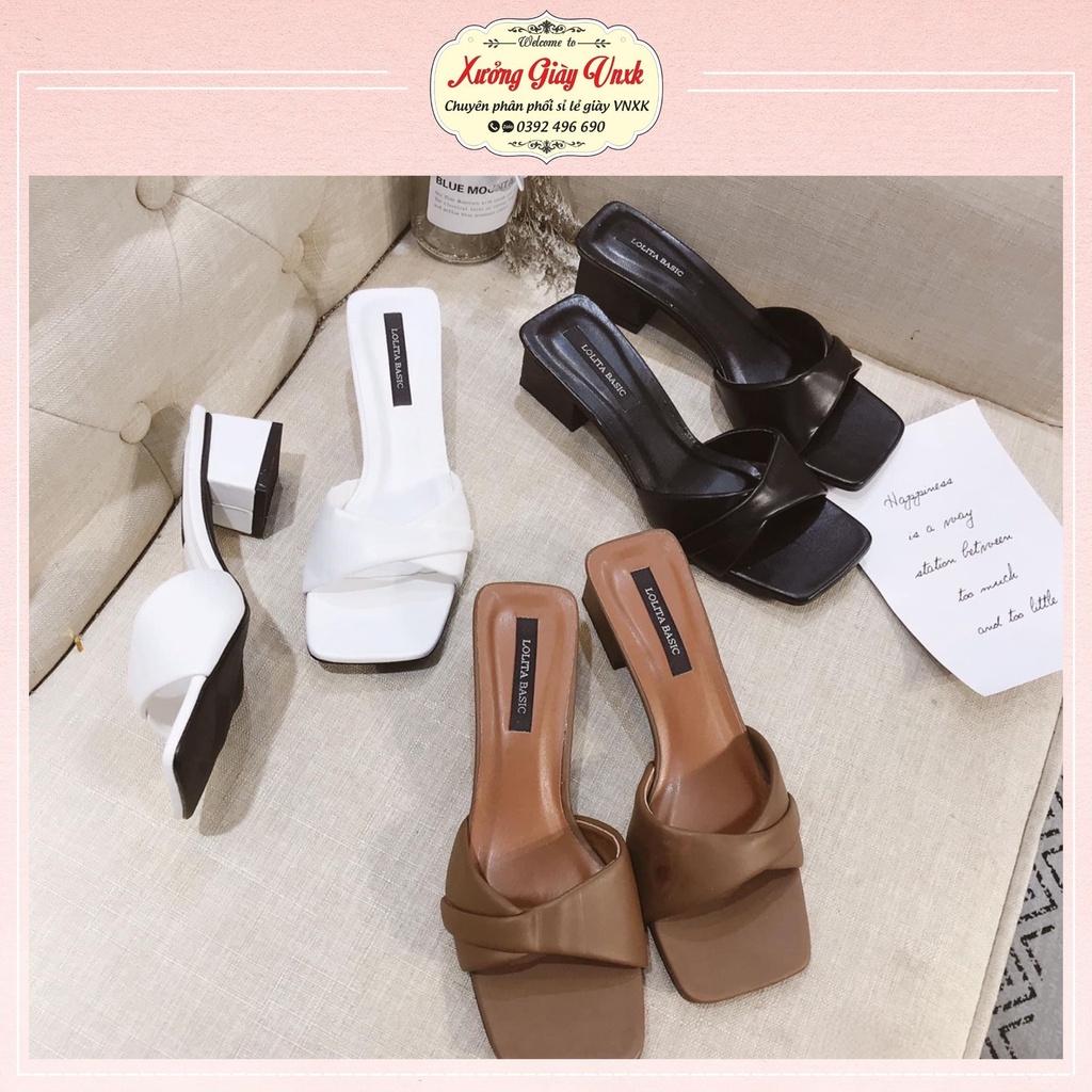 Dép nữ 5 phân đế vuông Thiên Hương giày sandal VNXK BP58L211 Guốc nữ cao gót dép 3 màu trắng đen nâu tây