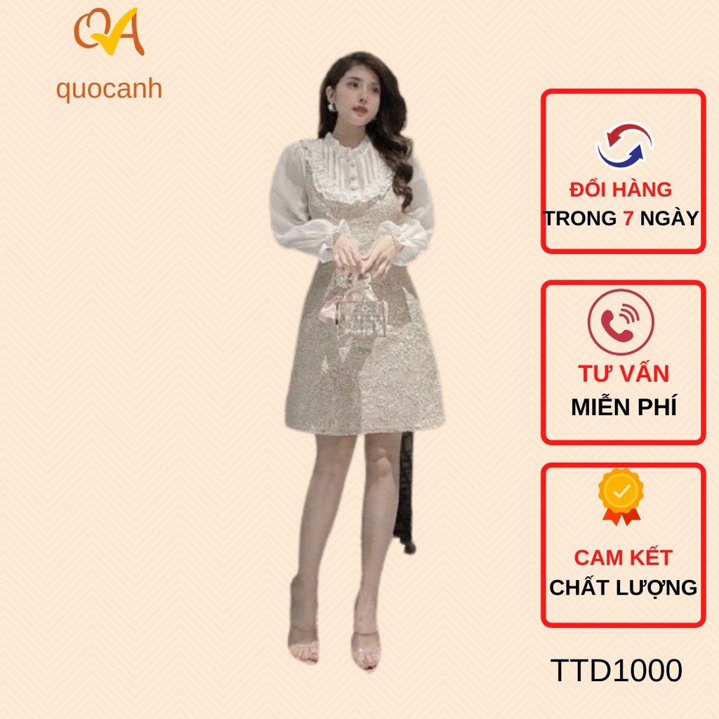 Váy đầm thời trang dạo phố, công sở, form chuẩn dáng, cổ cao phối nút ren, tay phồng dài, thời trang HOT thu đông 2021