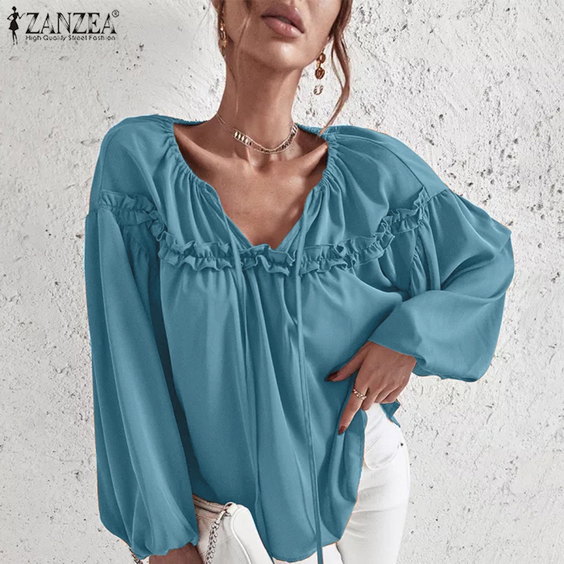 ZANZEA Áo Kiểu Nữ Dài Tay Cổ Tròn Cột Dây Thời Trang Châu Âu