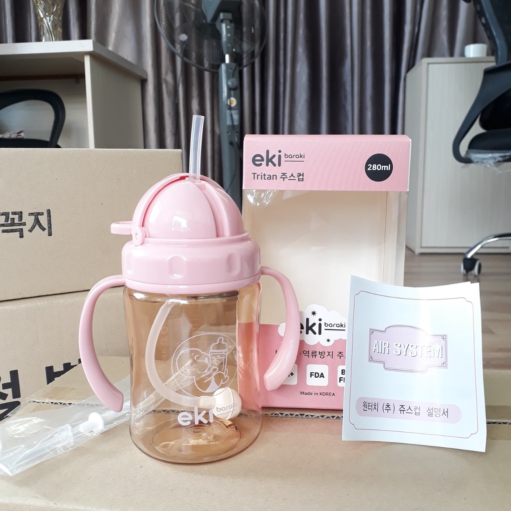Bình tập uống nước cho bé Ekibaraki Hàn Quốc 280ml có tay cầm tặng kèm bộ dụng cụ thay thế chính hãng