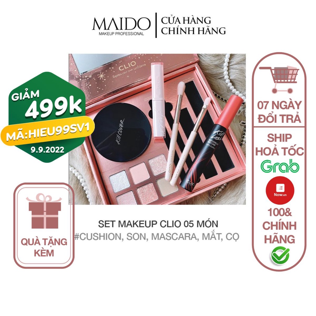 SET Makeup thương hiệu Clio 5 món phấn nước bảng mắt mascara cọ son dưỡng cao cấp makeup chuyên nghiệp MAIDO COSMETICS