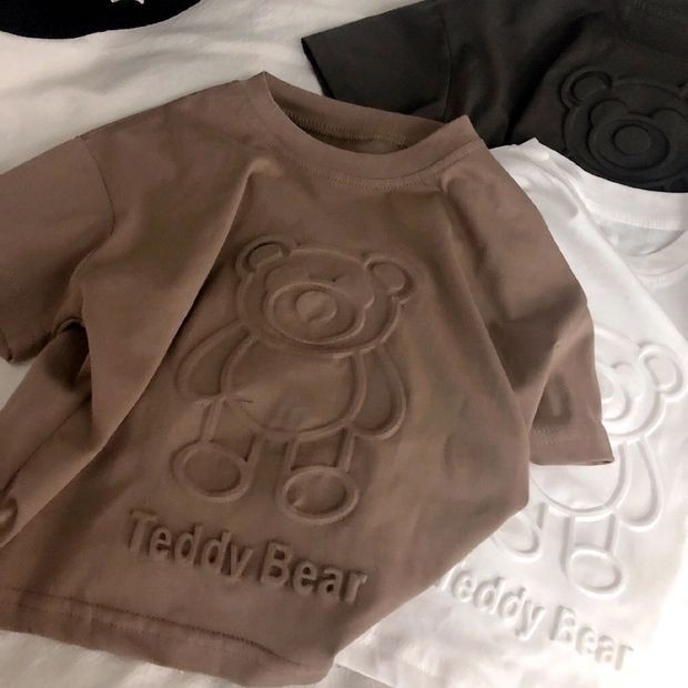 [Hàng Mới Về] Áo Thun Cotton Tay Lỡ In Nổi Hình Gấu Dập Nổi Ba Chiều Phong Cách Unisex Hàn Quốc Cho Bé Trai 8 Tuổi