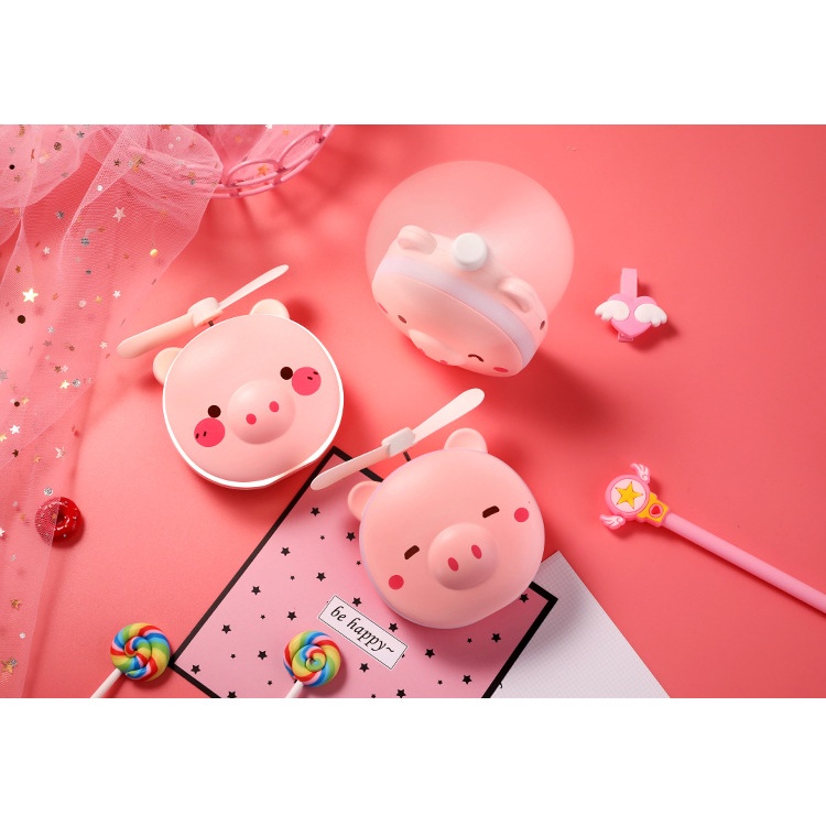 Quạt Tích Điện mini cầm tay kèm gương và đèn 3 trong 1 tiện lợi dễ thương