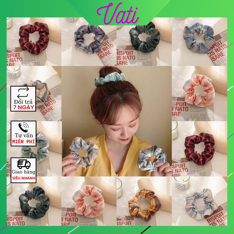 Cột Tóc Scrunchies Vải Kẻ Caro-Voan Kính Mềm Mại Phong Cách Cá Tính VATI
