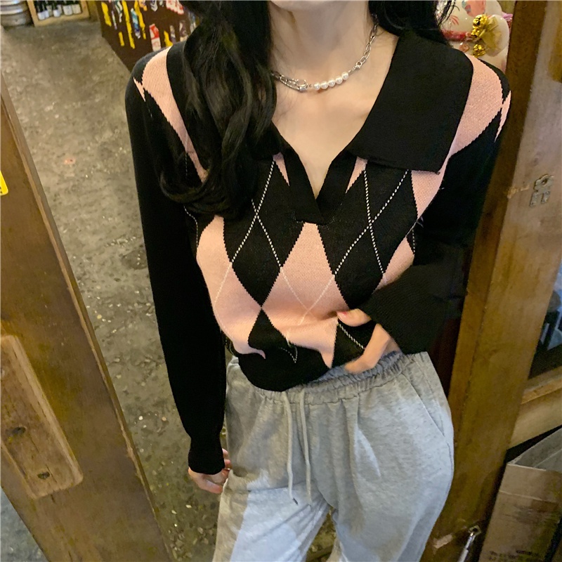 Áo thun COZOK polo tay dài họa tiết hình thoi nhiều màu sắc phong cách Hàn Quốc