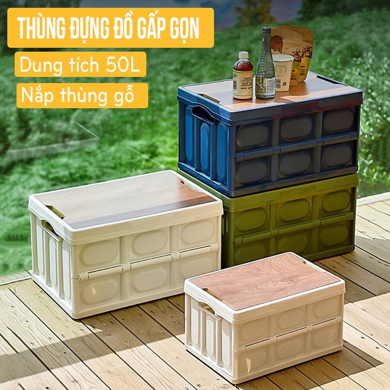Thùng Nhựa Đựng Đồ Dã Ngoại Cắm Trại Có Thể Gấp Gọn Dung Tích 50L Nắp Gỗ Thùng Đựng Đồ Đa Năng