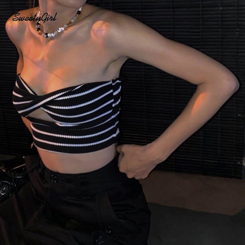 Áo Ống Hoạ Tiết Kẻ Sọc Thiết Kế Trễ Vai Quyến Rũ