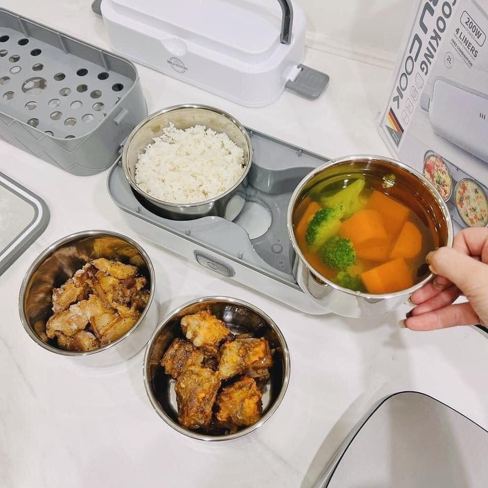 Hộp cơm cắm điện văn phòng 2 tầng 4 bát inox giữ nhiệt, hâm nóng và tự nấu chín thức ăn tặng bộ đũa thìa inox