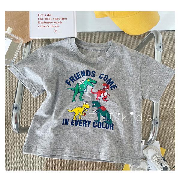 Áo Thun cotton Tay Ngắn Cổ Tròn Dáng Rộng Kiểu Hoạt Hình Khủng Long Ngộ Nghĩnh Phong Cách Nhật Bản Cho Bé