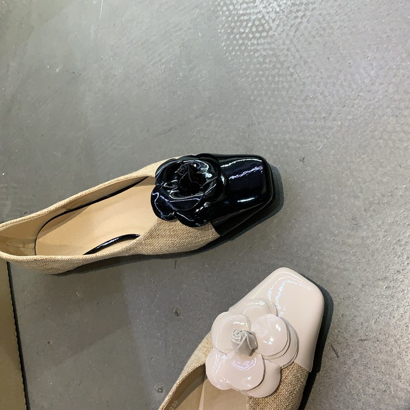 Giày búp bê hoa trà mũi vuông nữ tính, cổ điển