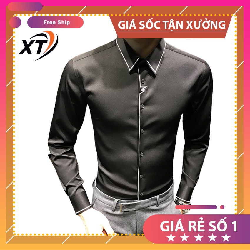 Áo sơ mi, Áo sơ mi nam cổ viền vải lụa hàn, tay dài,đường thêu tạo điểm nhẫn chuẩn style Hàn Quốc N10