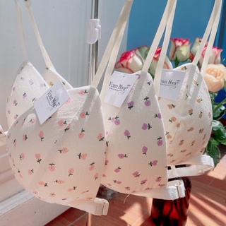 Áo Bralette vải thô đũi mịn mát hoa nền be - áo ngực cài trước, không gọng, mút rời Nội y thiết kế Voan Mya Voanmya