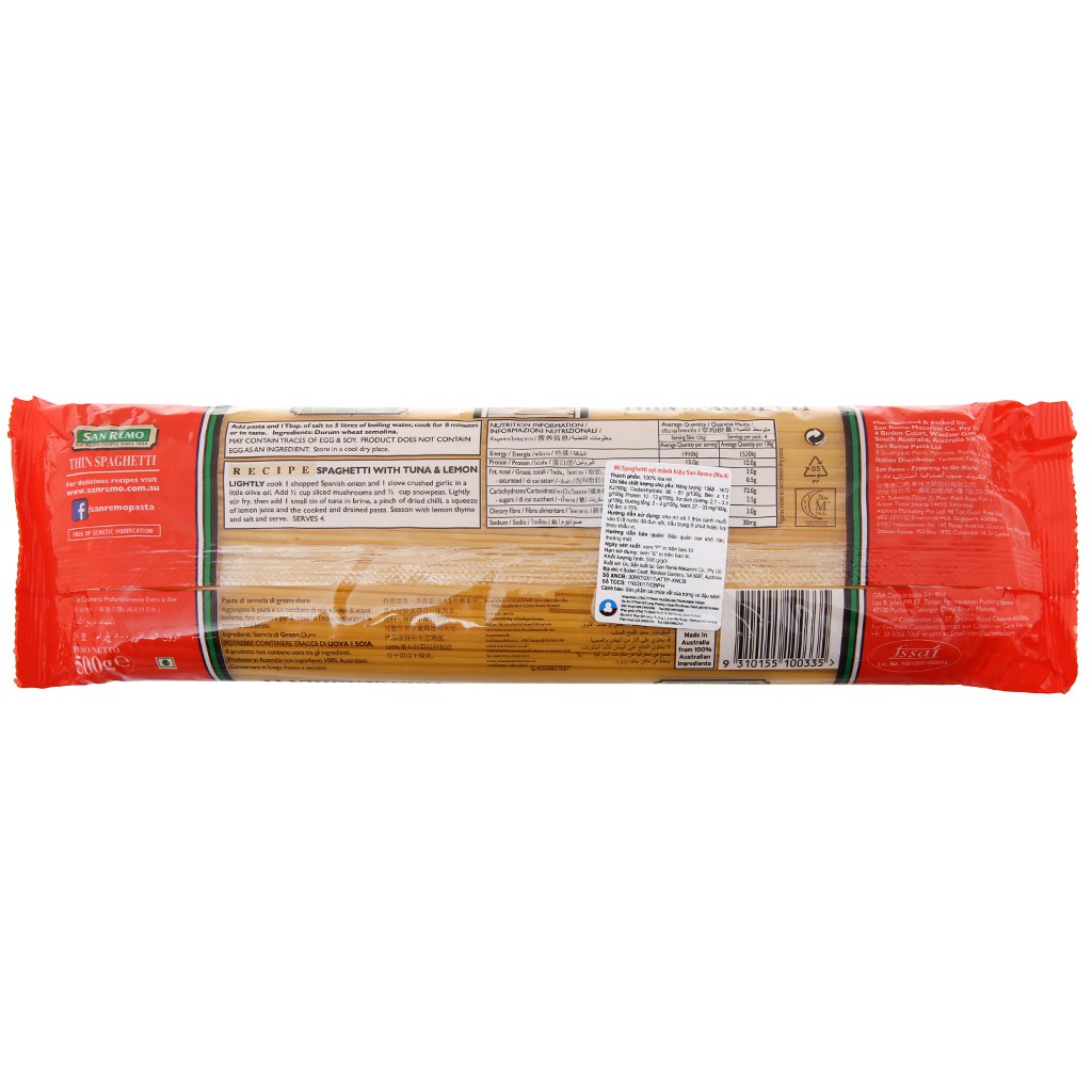Mì sợi mảnh Spaghetti số 4 San Remo gói 500g