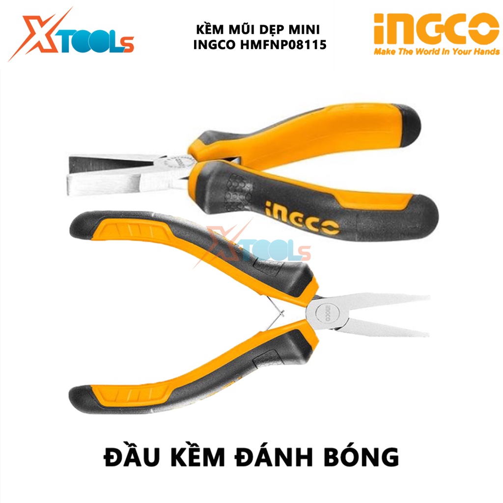 Kềm mũi dẹp mini INGCO HMFNP08115 kìm mũi dẹp kích thước 4.5&quot;/ 115mm đầu kềm được đánh bóng và chống gỉ, dùng cắt, kẹp