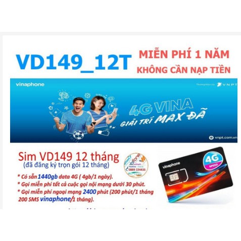 {Trọn Gói 1 Năm} Sim 4G Vinaphone VD149 tặng 4GB/ngày miễn phí gọi nội mạng_200P NGOẠI MẠNG THẢ GA