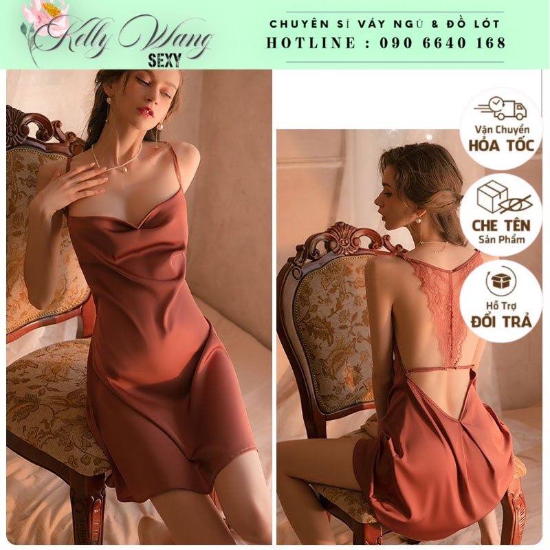 [Kellywang] Sx829 – Váy Ngủ Lụa 2 Dây Cổ Đổ Thiết Kế Phối Dây Ren Hở Lưng Sexy Quyến Rũ
