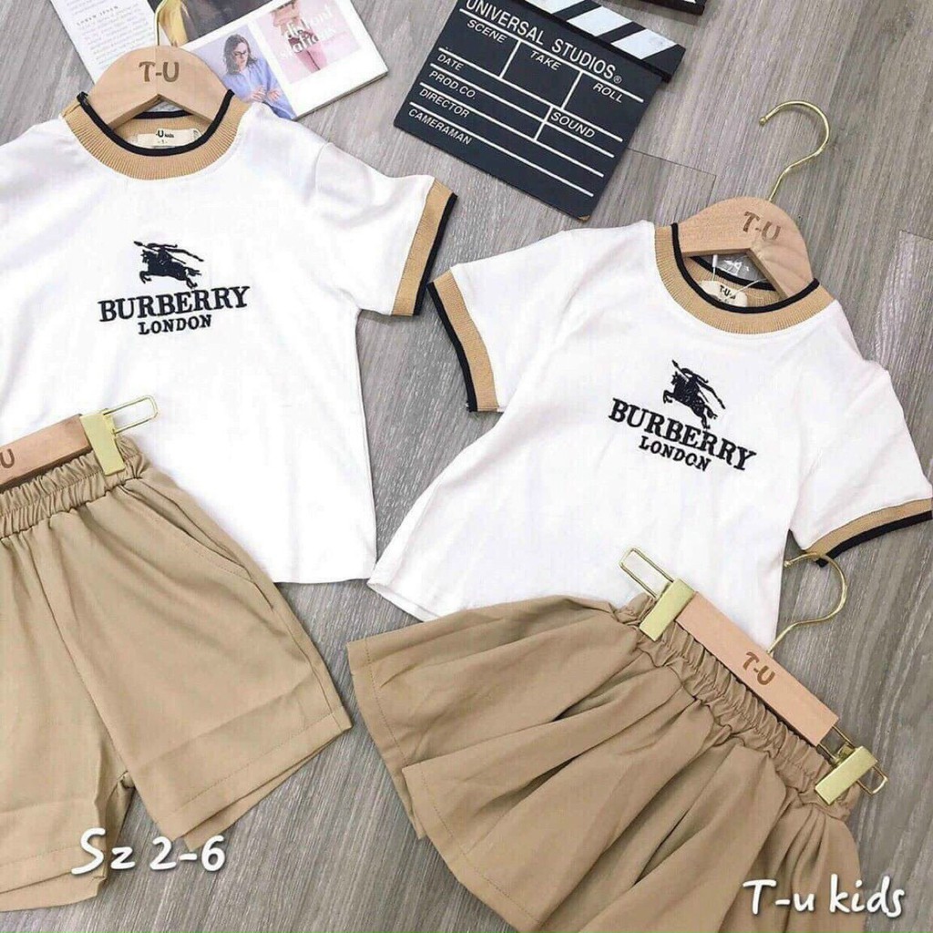 bộ quần áo cộc tay bé trai bé gái (6 - 32kg), set cặp anh em thêu chữ burberry chất cotton đẹp mềm mịn thoáng mát