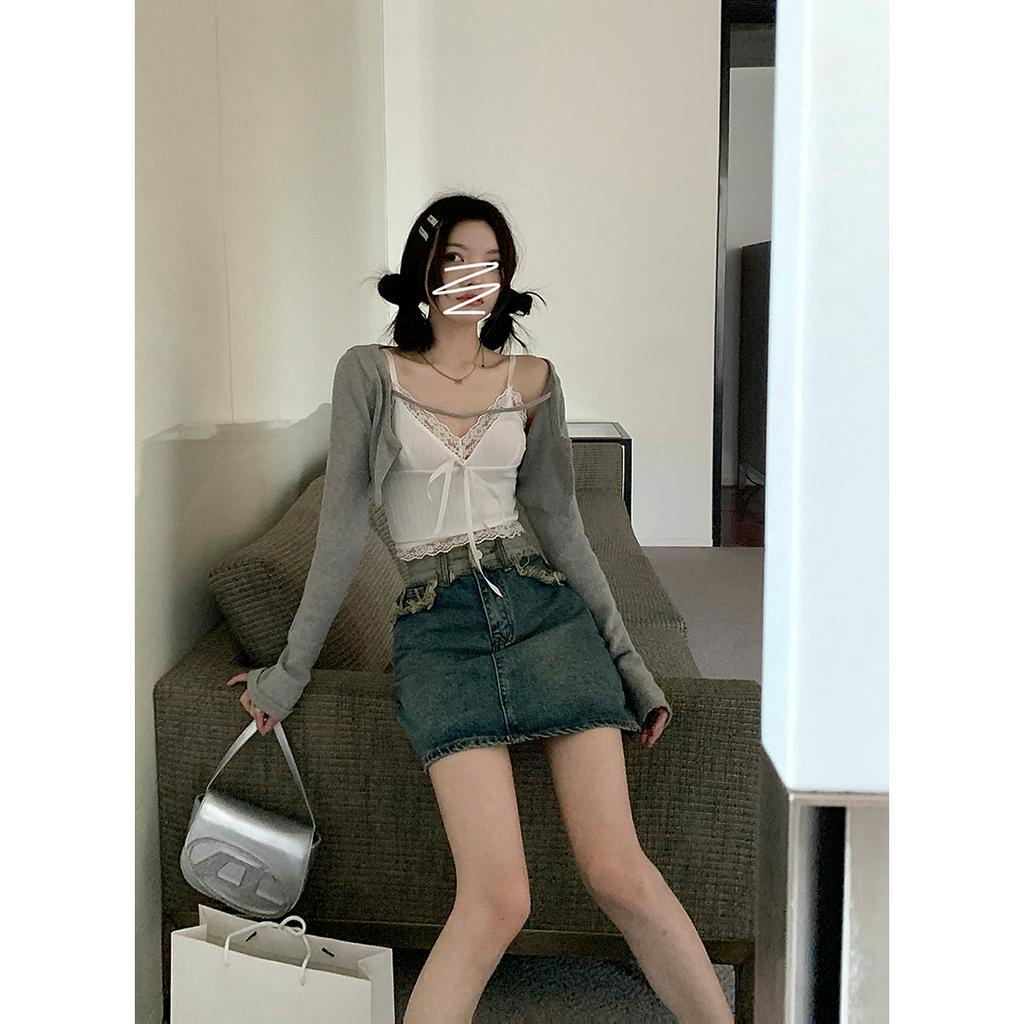 Lalisas Chân váy jean Ngắn Chữ A Lưng Cao Ghép Vải retro Thời Trang Cho Nữ