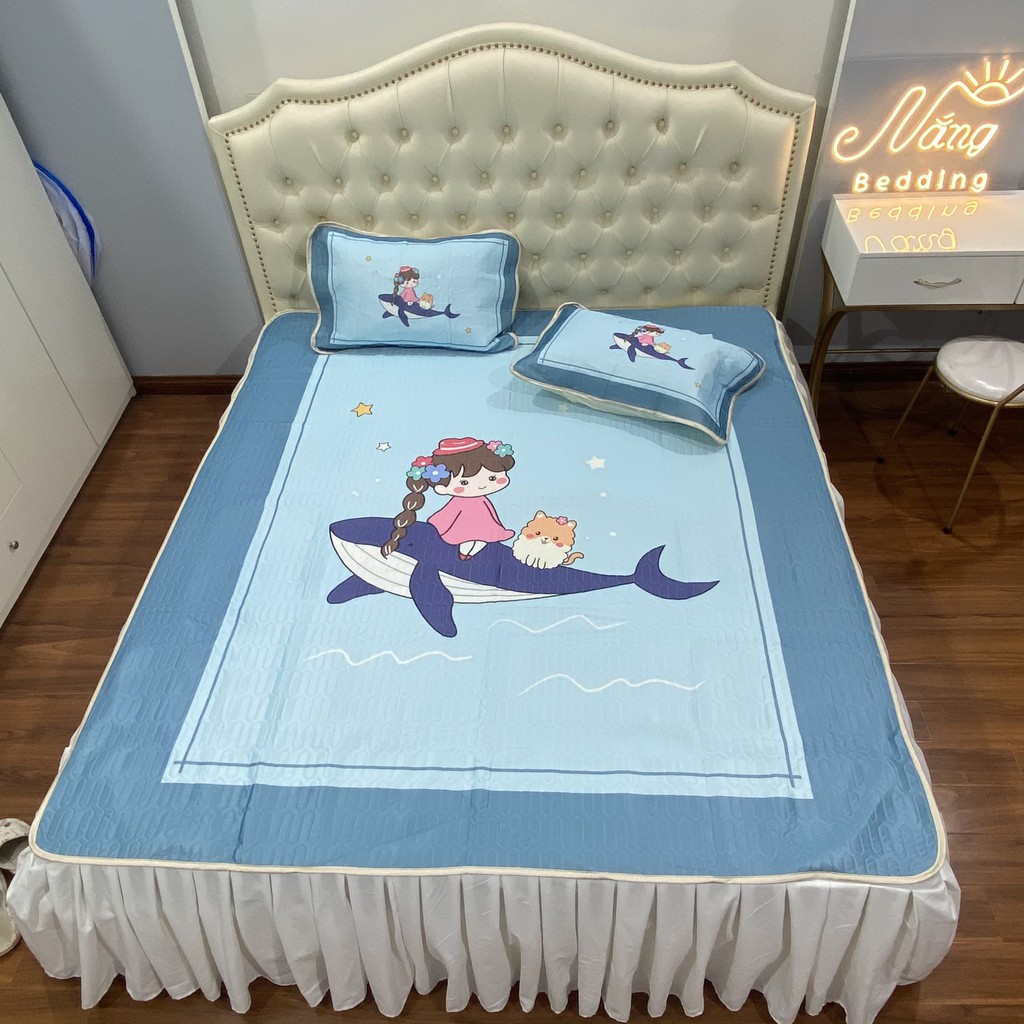set chiếu cao su non latex 5d [ SIÊU ÊM - SIÊU MÁT ] mặt vải thun lạnh , chun cài 4 góc - bé cá heo