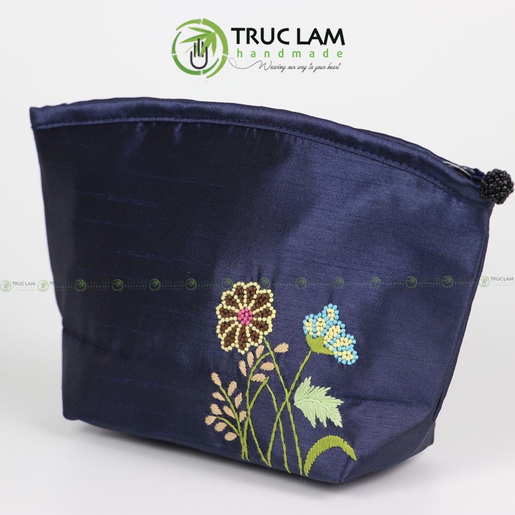 Ví Cầm Tay Nữ Vải Tafta Họa Tiết Hoa Cỏ Thêu Tay 2 Mặt - Trúc Lâm Handmade