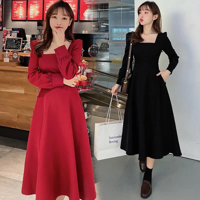 Đầm midi màu trơn thời trang mùa thu hàn quốc cho nữ