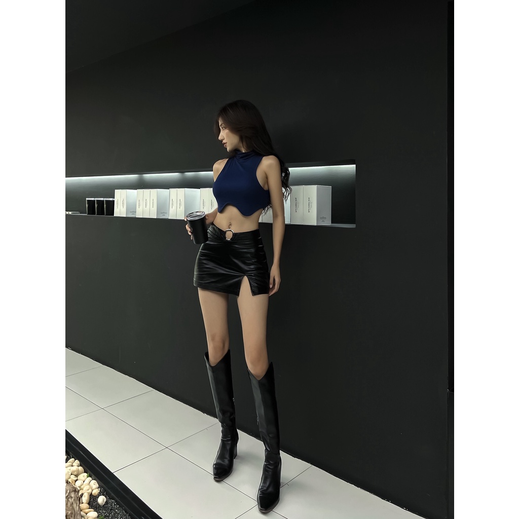 Chân váy da V khoen xẻ đùi Sexy có lót trong