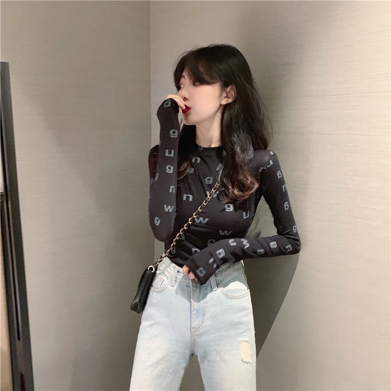 Jiashucheng Áo Thun Cotton Tay Dài Dáng Ôm In Chữ Thời Trang Mùa Thu 2023 Mới