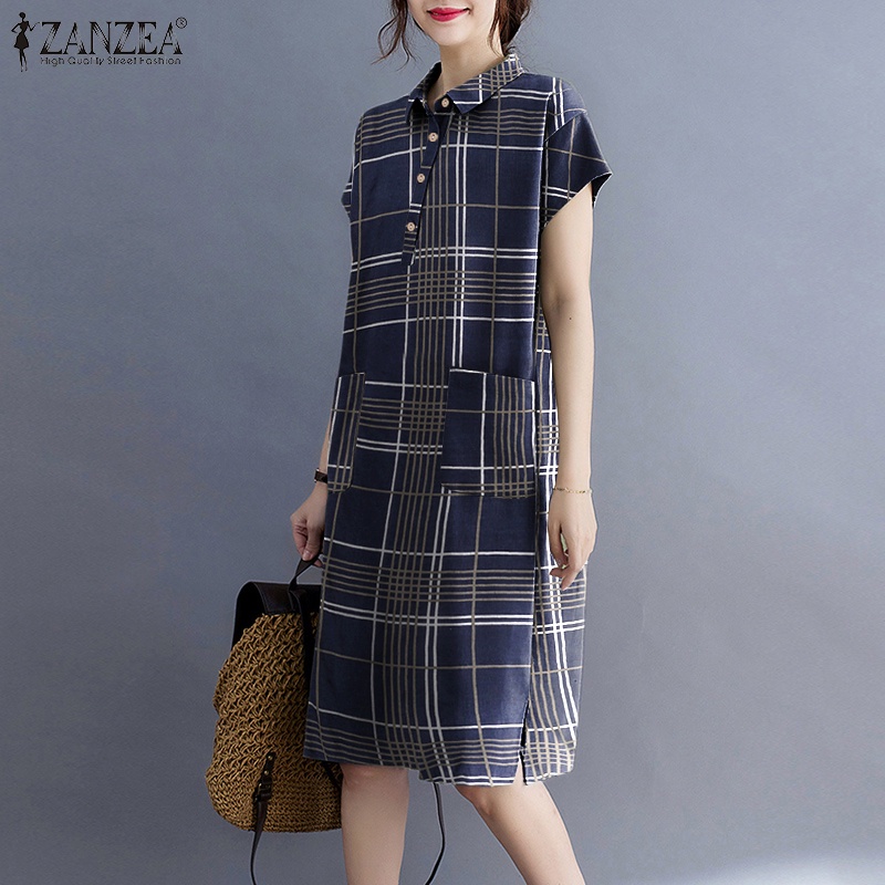 Đầm ngắn Zanzea tay ngắn cổ bẻ có túi trước dáng rộng thời trang dành cho nữ