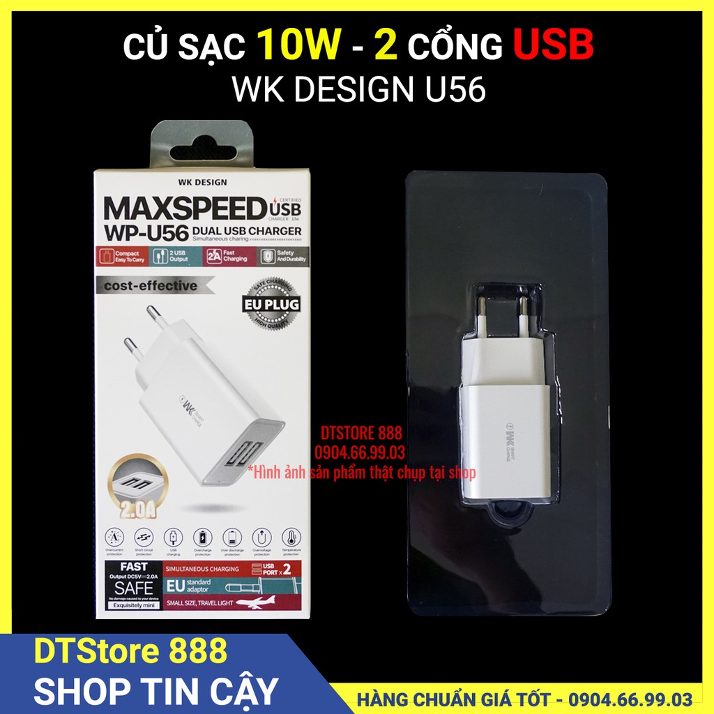 Củ sạc nhanh 2 cổng USB-  WK Design WP-U56, công suất 10W (5V-2A)