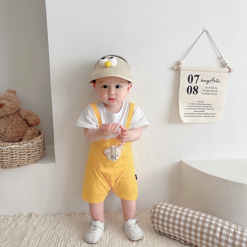 Bộ Áo Liền Quần Ngắn Tay Cổ Tròn Giả Hai Lớp In Hình Gấu Thời Trang Mùa Hè Cho Bé Trai Và