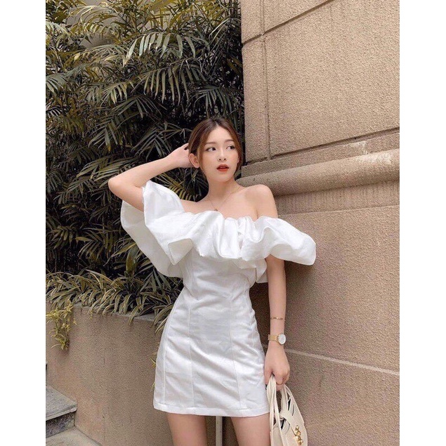 Váy trễ vai tay bồng duyên dáng Tặng Scrunchies - Màu đen, trắng < 55kg
