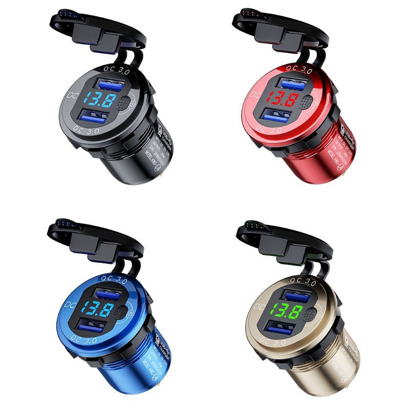 FUN Metal 12V 24V QC3.0 Dual USB Car Charger Fast Charge LED Voltmeter Switch Cable