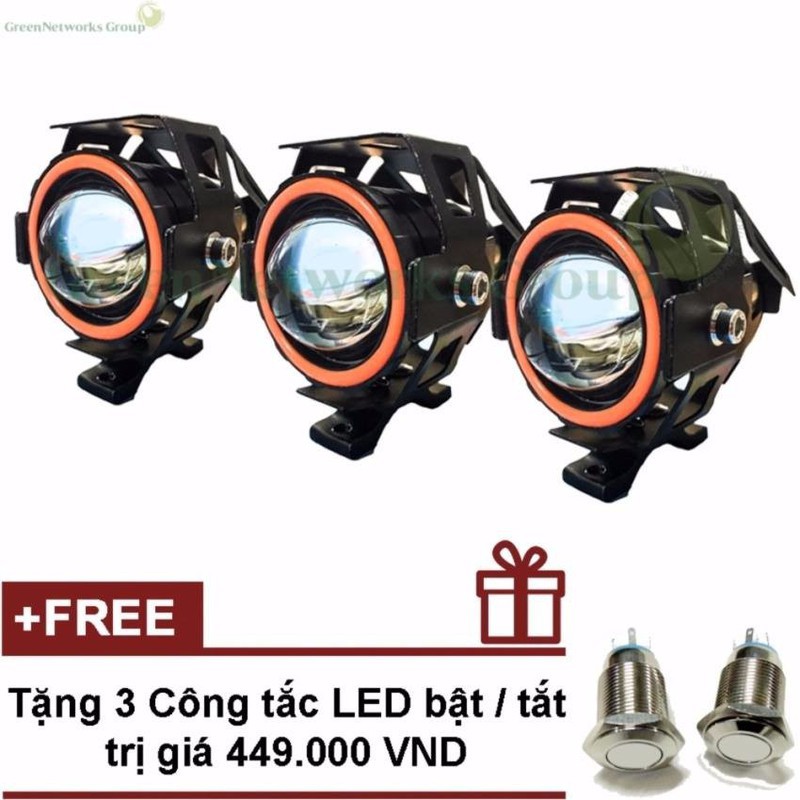 Bộ 3 đèn pha led U7 GreenNetworks ánh sáng đỏ+ Tặng cặp công tắc led