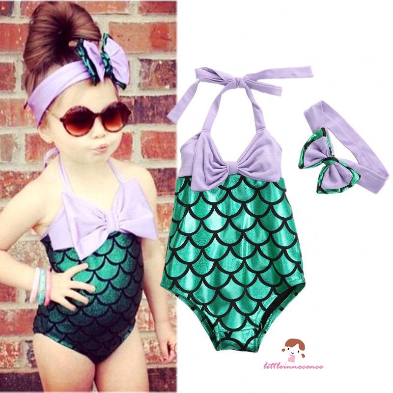 ❤XZQ-Cute Baby Girls Summer Beach Mermaid Swimwear Bikini Swimsuit + Bow Headband Costume Set