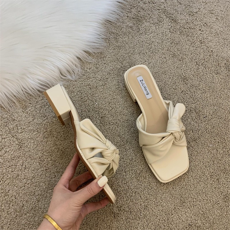 Guốc Nữ Đế Vuông Quai Ngang Nơ Da Mềm Cao Cấp QC Cao 3cm TRINH LÊ SHOP GIÀY DÉP