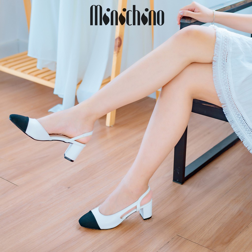 Giày sandal nữ gót cao 5cm MINICHINO mũi tròn đế vuông, phối dây thời trang màu đen TC040