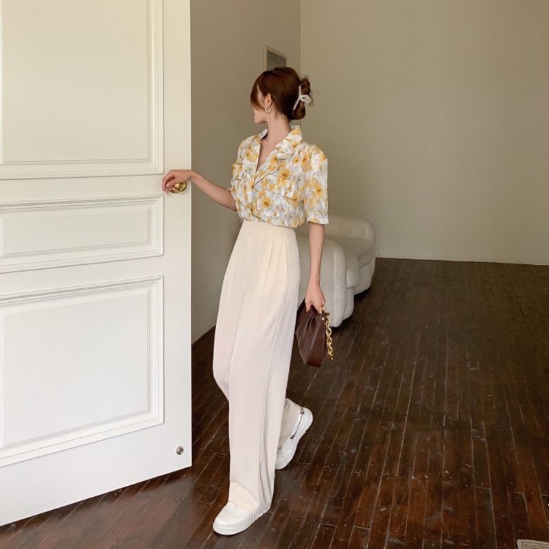 Bộ Áo Hoa Cổ Vest + Quần Ống Rộng Thẳng Phong Cách Hàn Quốc Thời Trang Mùa Hè Mới 2022