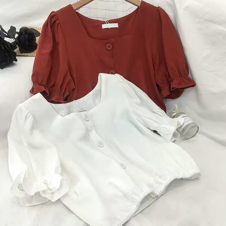 Áo sơ mi nữ croptop mẫu mới hot tren màu trắng đen xanh nâu dáng rộng VAVASA SM26