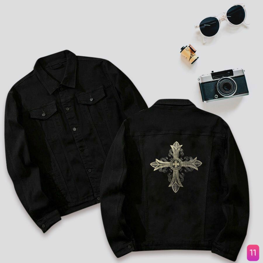 Áo Khoác Jean Cao Cấp Rin Chất Bò Màu Đen Xám Thêu Hình Họa Tiết M130