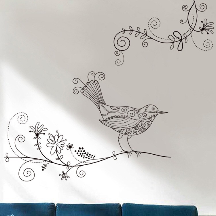 Decal trang trí tường / Kính Cao cấp - Chim hoa văn tinh tế ( 37x58 )