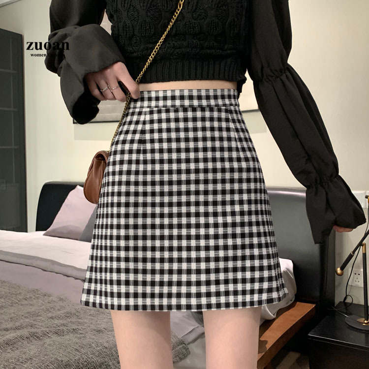 Chân váy SUXI chữ A eo cao hoa văn kẻ ô phong cách hàn quốc dành cho nữ