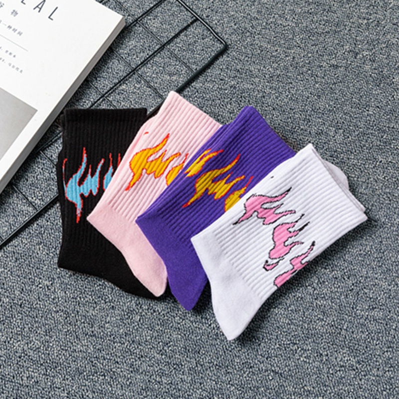 Xiangbao Vớ Cotton Cổ Vừa In Họa Tiết Ngọn Lửa Màu Sắc Tương Phản Phong Cách Harajuku Nhật Bản Dành Cho Nữ