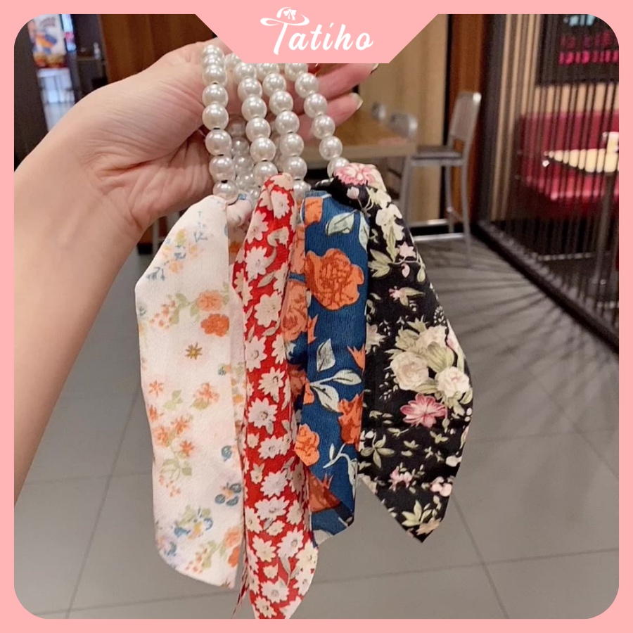 Cột Tóc, Ruy Băng Turban Chất Voan Họa Tiết Hoa Nhí Dây Chuỗi Phối Nơ Tiểu Thư Phong Cách Hàn Quốc - Tatiho - Mã SC016