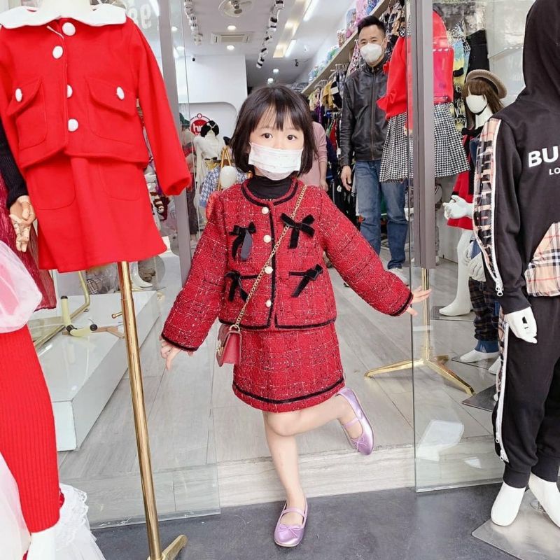 Set  dạ đỏ nơ bé gái 2023 về