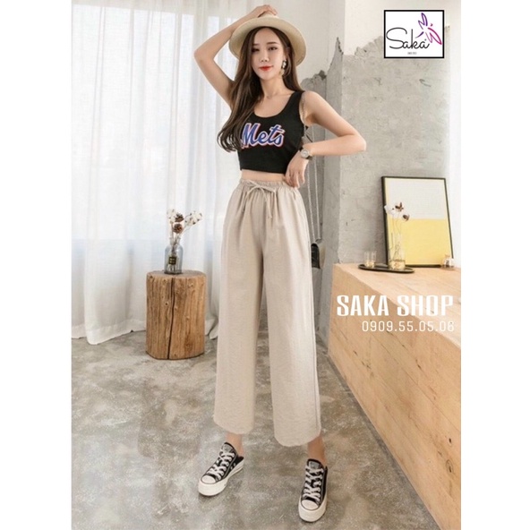 Quần nữ suông dài vải đũi nơ lưng thun nhiều màu nhiều size