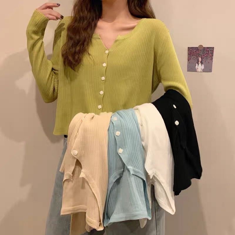 Áo cadigan cúc vuônh sợi dệt  chất đẹp, áo len croptop mềm  dài tay nhiều màu hàn quốc dành cho nữ