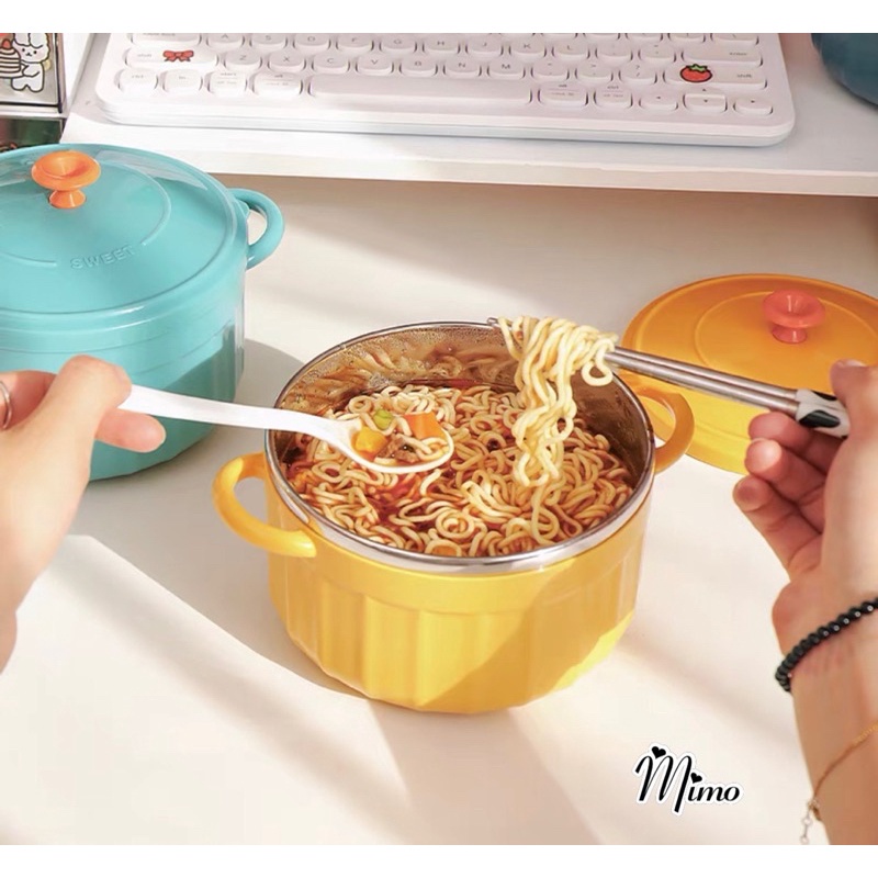 KÍCH THƯỚC LỚN-Bát úp mì/ Bát ăn mì tôm inox 2 lớp cách nhiệt hình chiếc nồi có nắp đậy