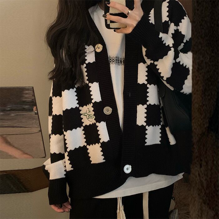 【ZHELIHANGFEI】Áo Khoác Cardigan Dệt Kim Tay Dài Cổ Chữ V Họa Tiết Sọc Caro